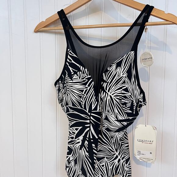 Coco Reef NWT Black White Tropical Palm One Piece Swimsuit Contours Swim - Picture 1 of 8